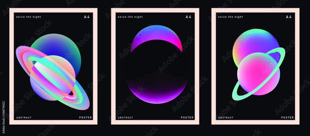 Set of minimal posters with abstract composition of glowing neon planets. Synthwave and vaporwave style covers for music or dance event.