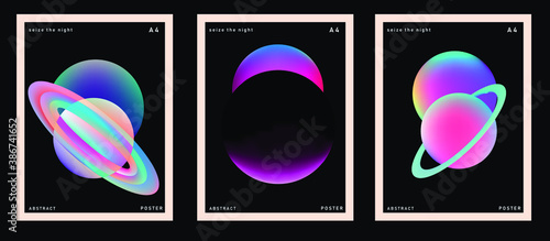 Set of minimal posters with abstract composition of glowing neon planets. Synthwave and vaporwave style covers for music or dance event.