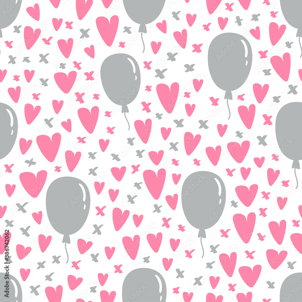 Simple hearts and balloons seamless vector pattern. Valentines day background. Flat design endless chaotic heart silhouettes. Simple hearts and balloons seamless vector pattern. Valentines day background. Flat design endless chaotic heart silhouettes.