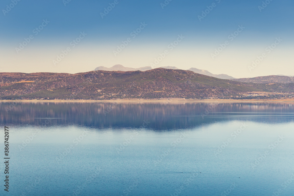 Panoramic view of lake Burdur in the Isparta region. Travel and natural water resources in Turkey concept