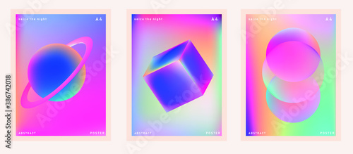 Set of minimal posters with abstract composition of glowing neon shapes and planets. Synthwave and vaporwave style covers for music or dance event.