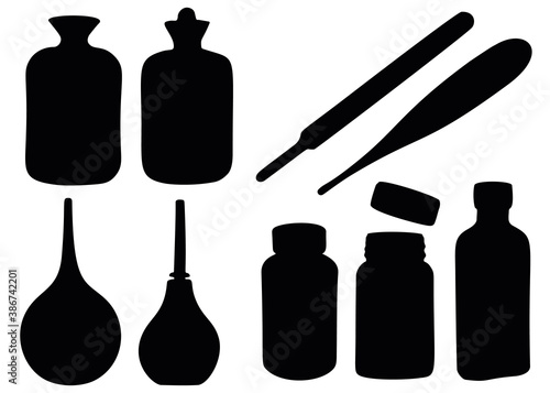 Heating pad, enema, medicines and thermometers in a set.