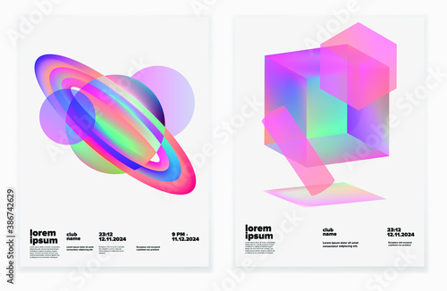 Set of minimal posters with abstract composition of glowing neon shapes and planets. Synthwave and vaporwave style covers for music or dance event.