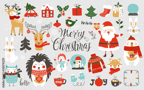 Christmas and New Year set with cute animals. Vector