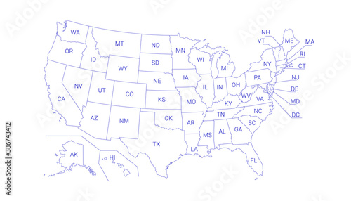 Outline Political US Map with titles of the states. All USA regions are separated and named in a layer panel.