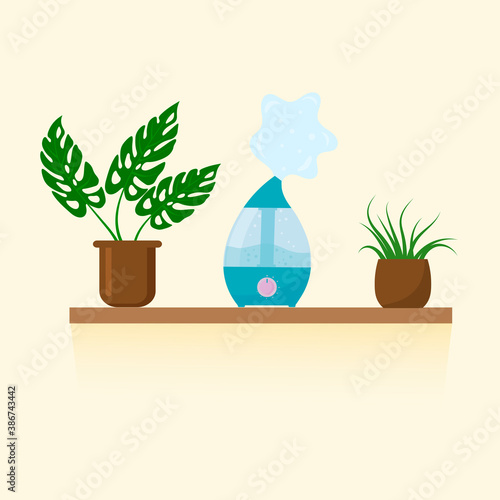 Humidifier air diffuser and houseplants on the shelf. Purifier microclimate ultrasonic home concept, healthy humidity. Vector flat illustration.