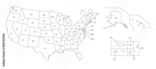Map of America. United States Political map. US blueprint with the titles of states and regions. All countries are named in the layer panel
