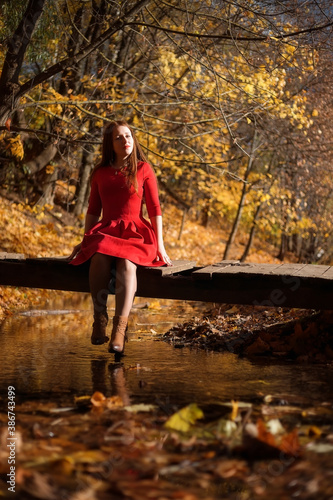 The girl in the red dress. Autumn park. The model is sitting on a wooden bridge. Wooden bridge over the stream.