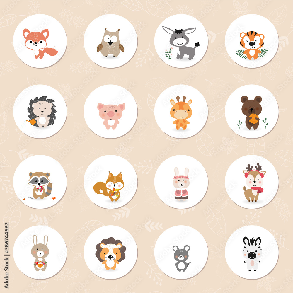 A set of round icons of vector cute animals in cartoon style. A collection of small animals in the children's style. A set of round icons of vector cute animals in cartoon style. A collection of small animals in the children's style.