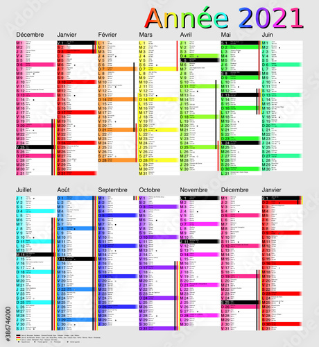 Calendrier 2021, calques, vacances scolaires, Saints, 14 mois photo