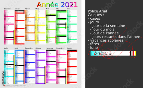 Calendrier 2021, calques, vacances scolaires, Saints, 14 mois