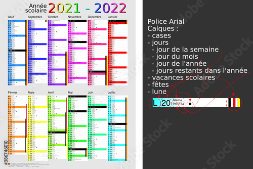 Calendrier scolaire 2021-2022, calques, vacances scolaires, Saints, 12 mois