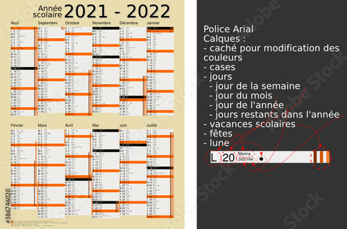 Calendrier scolaire 2021-2022, calques, vacances scolaires, Saints, 12 mois