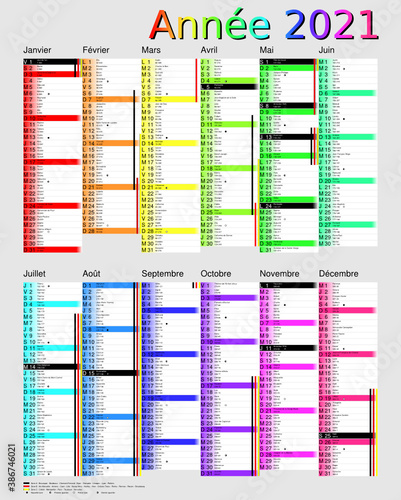 Calendrier 2021, calques, vacances scolaires, Saints, 12 mois