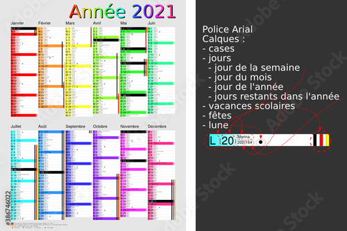 Calendrier 2021, calques, vacances scolaires, Saints, 12 mois