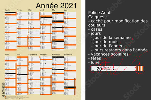 Calendrier 2021, calques, vacances scolaires, Saints, 12 mois