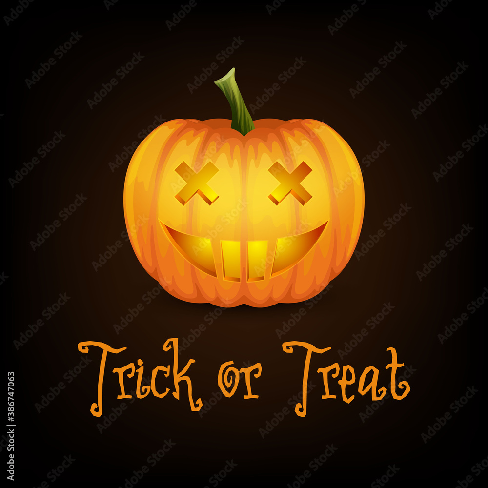 Trick or Treat. Happy Halloween Banner with Pumkin. Vector Cartoon Halloween Pumkin Lantern with Funny Face on Dark Background. Front View. Design Template. Autumn Holidays, Halloween Concept Trick or Treat. Happy Halloween Banner with Pumkin. Vector Cartoon Halloween Pumkin Lantern with Funny Face on Dark Background. Front View. Design Template. Autumn Holidays, Halloween Concept