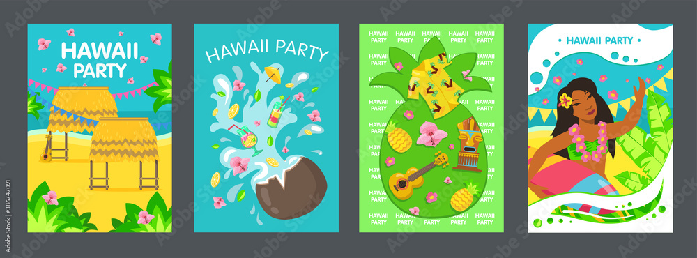 Fototapeta premium Hawaiian party tropical posters design. Girl, coconut cocktail, pineapple, beach. Vector illustration set can be used for invitations, advertising, posters