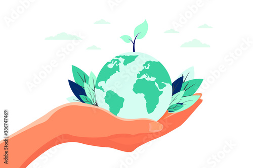 vector illustration, hands close the planet from pollution, save the planet, a small process of a plant, save energy, Earth Day concept - vector