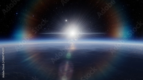 space background, detailed planet surface, beautiful alien planet in far space, realistic exoplanet, planet similar to Earth 3d render