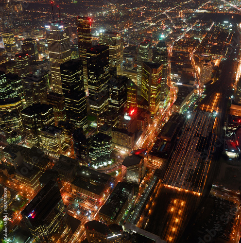 Photography Arial view of downtown Toronto rail station and financial towers at night