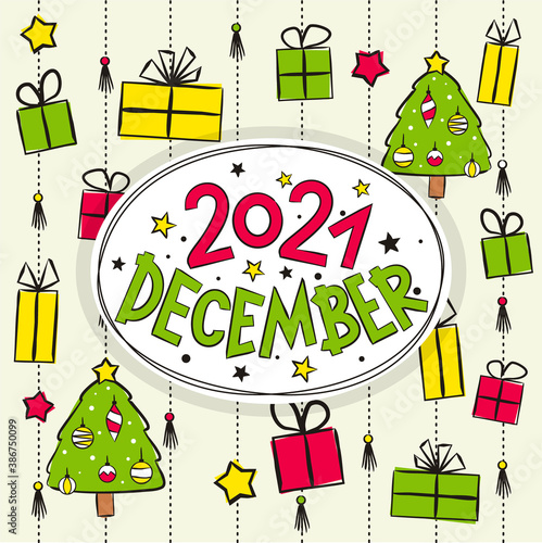 Thematic template for a calendar for 2021. The month of December. Design for the calendar on the theme of winter, Christmas, New Year, elegant Christmas tree and gifts. Vector hand-drawn illustration