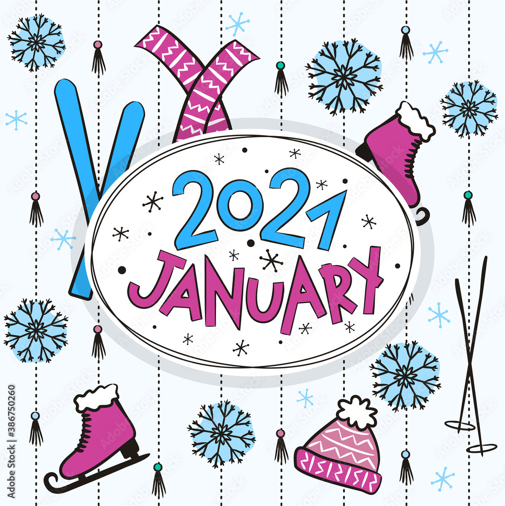 Thematic template for a calendar for 2021. The month of January. Design for a calendar with winter elements. Pattern for printing yearbooks and notebooks. Vector hand-drawn illustration, doodle style.
