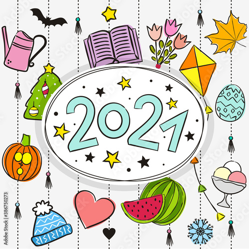 Thematic template for a calendar for 2021. Cover for the calendar with the seasons. Pattern for printing yearbooks and notebooks. Vector hand-drawn illustration, doodle style.