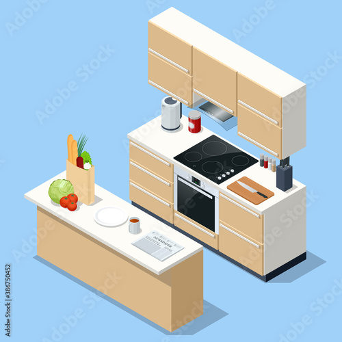 Isometric minimalist kitchen room interior with dinning furniture on a floor. Interior modern kitchen with island.