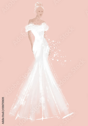 female figurine wearing a very elegant and fashionable evening or wedding dress, retro vogue style drawing, white chalk on colored paper, set icon (ID: 386750638)