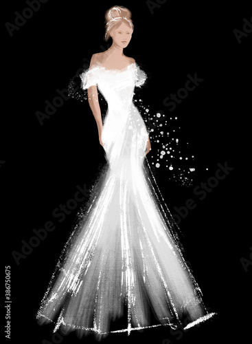 beautiful chalk fashion illustration on black background, woman wearing elegant retro evening or wedding dress, set icon (ID: 386750675)
