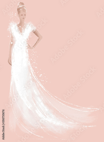 hand drawn fashion Illustration of a woman wearing a evening or wedding dress, white chalk on colored paper, set illustration (ID: 386750676)