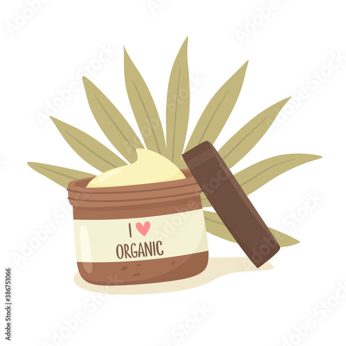 Jar of organic cream. I love organic cosmetics. Skin care. Vector illustration in flat style.