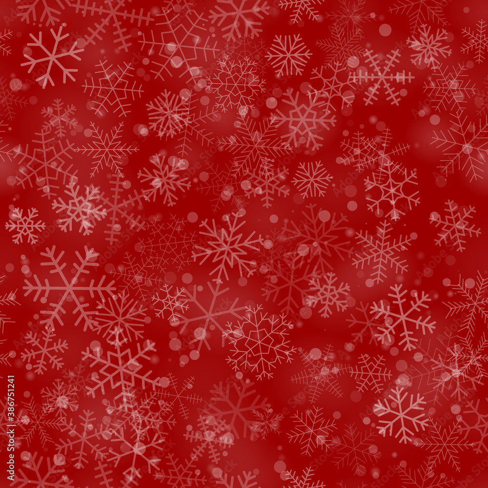 Christmas seamless pattern of snowflakes of different shapes, sizes and transparency, on red background Christmas seamless pattern of snowflakes of different shapes, sizes and transparency, on red background