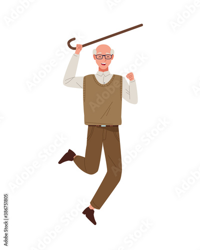 happy old man celebrating with cane chararacter