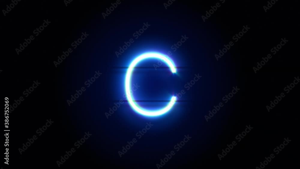 Neon font letter C lowercase appear in center and disappear after some time. Animated blue neon alphabet symbol on black background. Looped animation. Neon font letter C lowercase appear in center and disappear after some time. Animated blue neon alphabet symbol on black background. Looped animation.