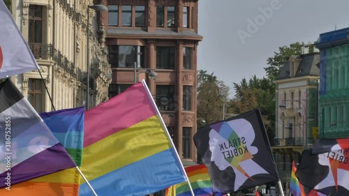 Flags Asexual, Panasexual, Women rights , Stop Homophobiaand LGBTQ flag selebration demonstration pride Europe Poland Wroclaw