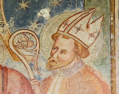 Cuadro en lienzo San Biagio Vescovo; particolare di affresco esterno della chiesa romanica di San