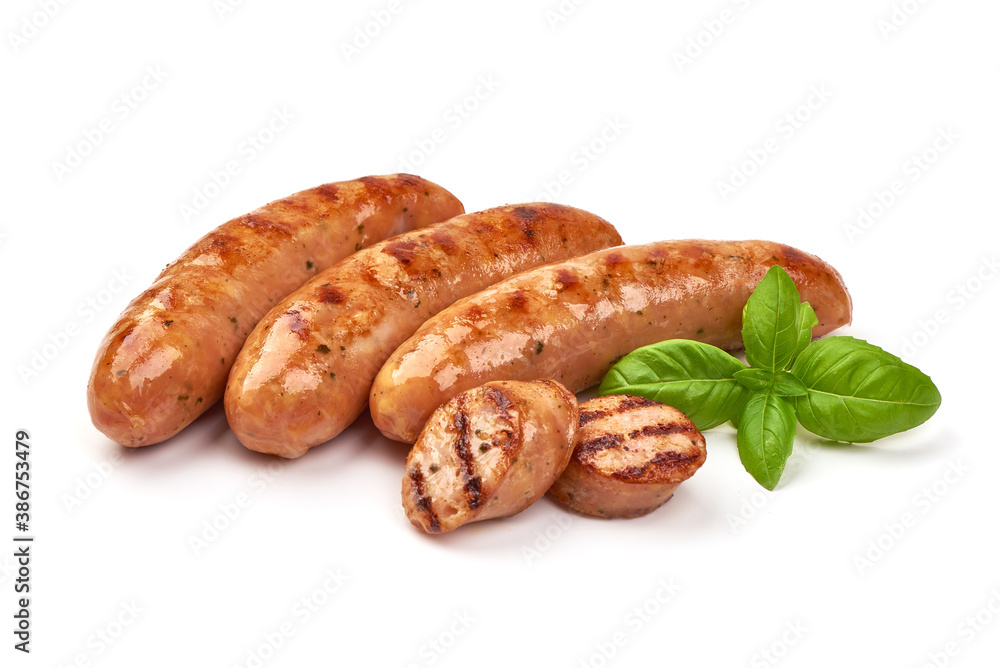 Grilled bavarian sausages, isolated on white background Grilled bavarian sausages, isolated on white background