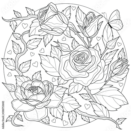 Rose flowers with butterfly.Coloring book antistress for children and adults. Illustration isolated on white background.Zen-tangle style.