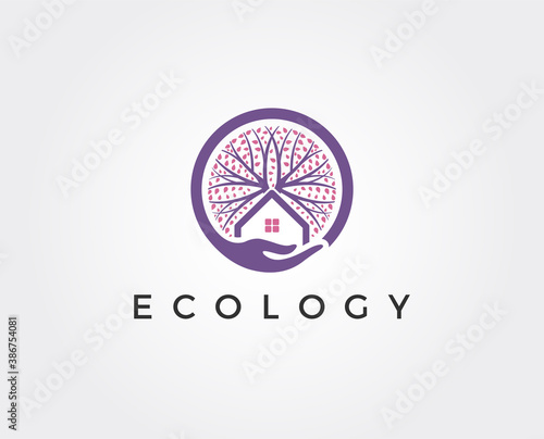 minimal tree home logo template - vector illustration photo