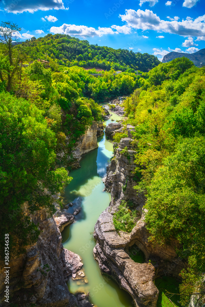 Marmitte dei Giganti canyon and Metauro river. Fossombrone, Marche, Italy.