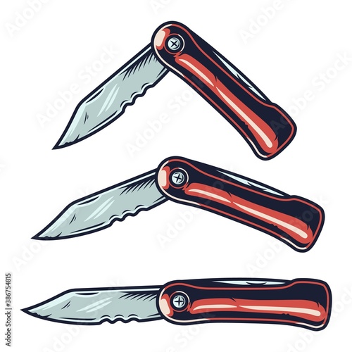 Element of a penknife for camping and travel. Colored vector Illustration of knife for traveler and tourist. Outdoor adventure equipment. Sport activity