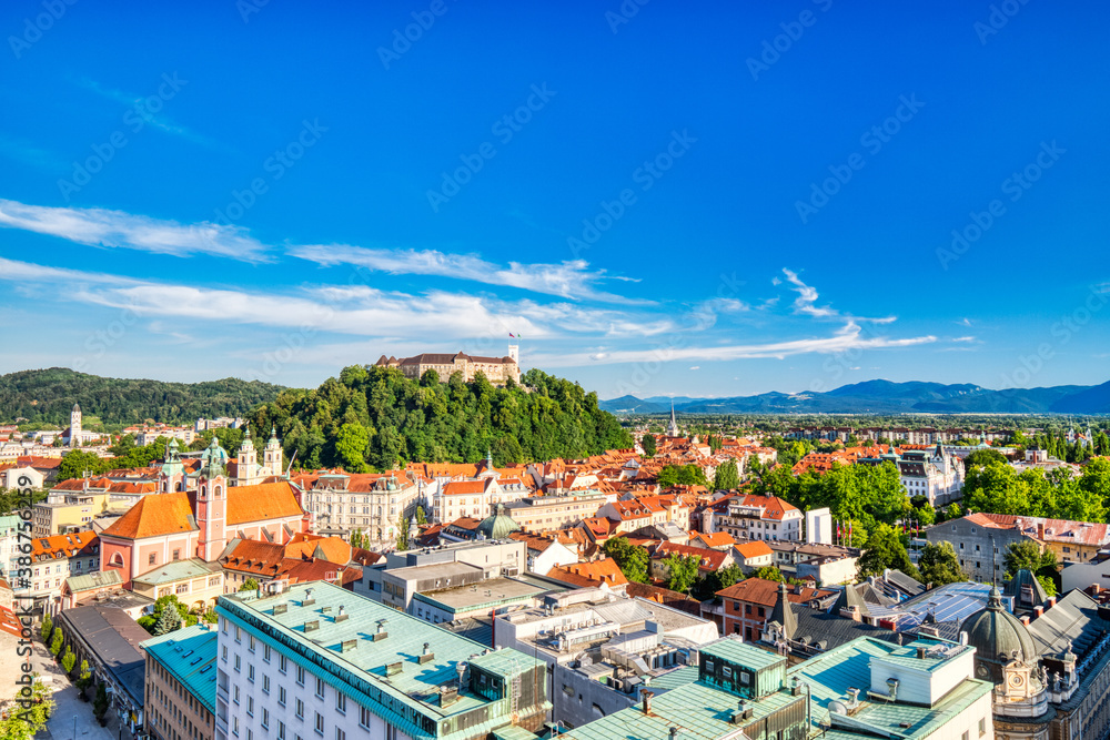 Ljubljana City Center Aerial View with Ljubljana Castle in the Background during a Sunny Day