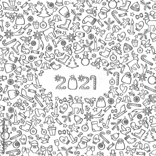 Happy New Year 2021. Snow winter holiday white background. Christmas greeting card with lettering.