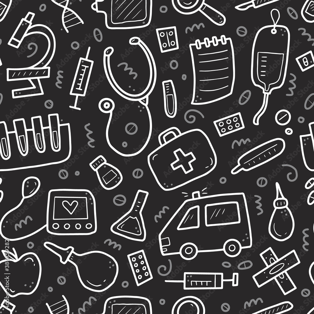 Hand drawn seamless pattern of medicine elements, pill, tablet, stethoscope. Comic doodle sketch style. Medicine illustration for wallpaper, background, textile. Hand drawn seamless pattern of medicine elements, pill, tablet, stethoscope. Comic doodle sketch style. Medicine illustration for wallpaper, background, textile.