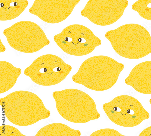Vector seamless pattern of yellow lemon character on white background.