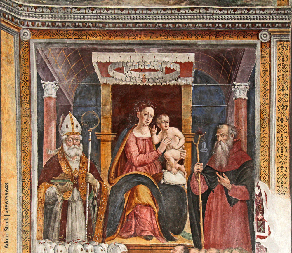 Madonna in trono con Bambino tra i Santi Vigilio e Antonio abate; affresco nella chiesa della Natività di Maria a Pellizzano (Trentino)