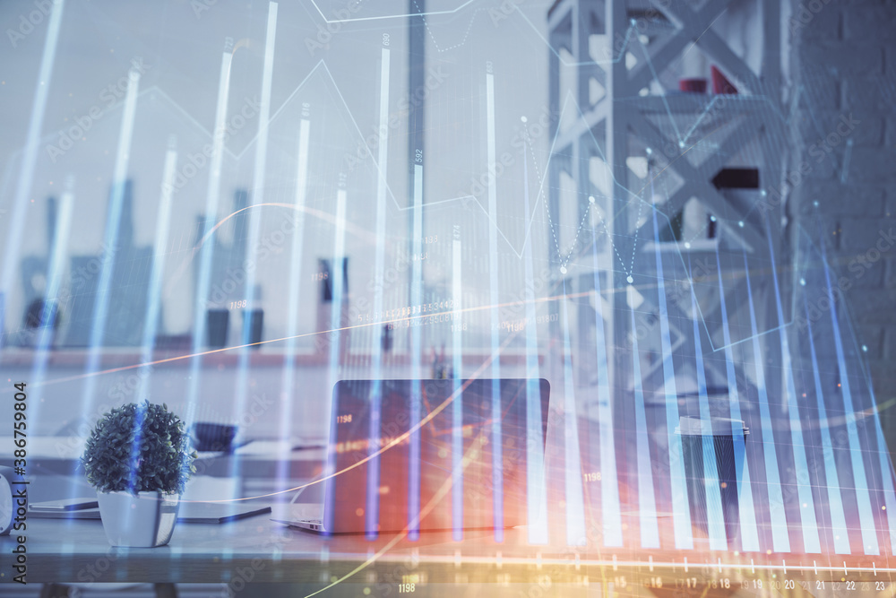 Double exposure of stock market graph drawing and office interior background. Concept of financial analysis. Double exposure of stock market graph drawing and office interior background. Concept of financial analysis.
