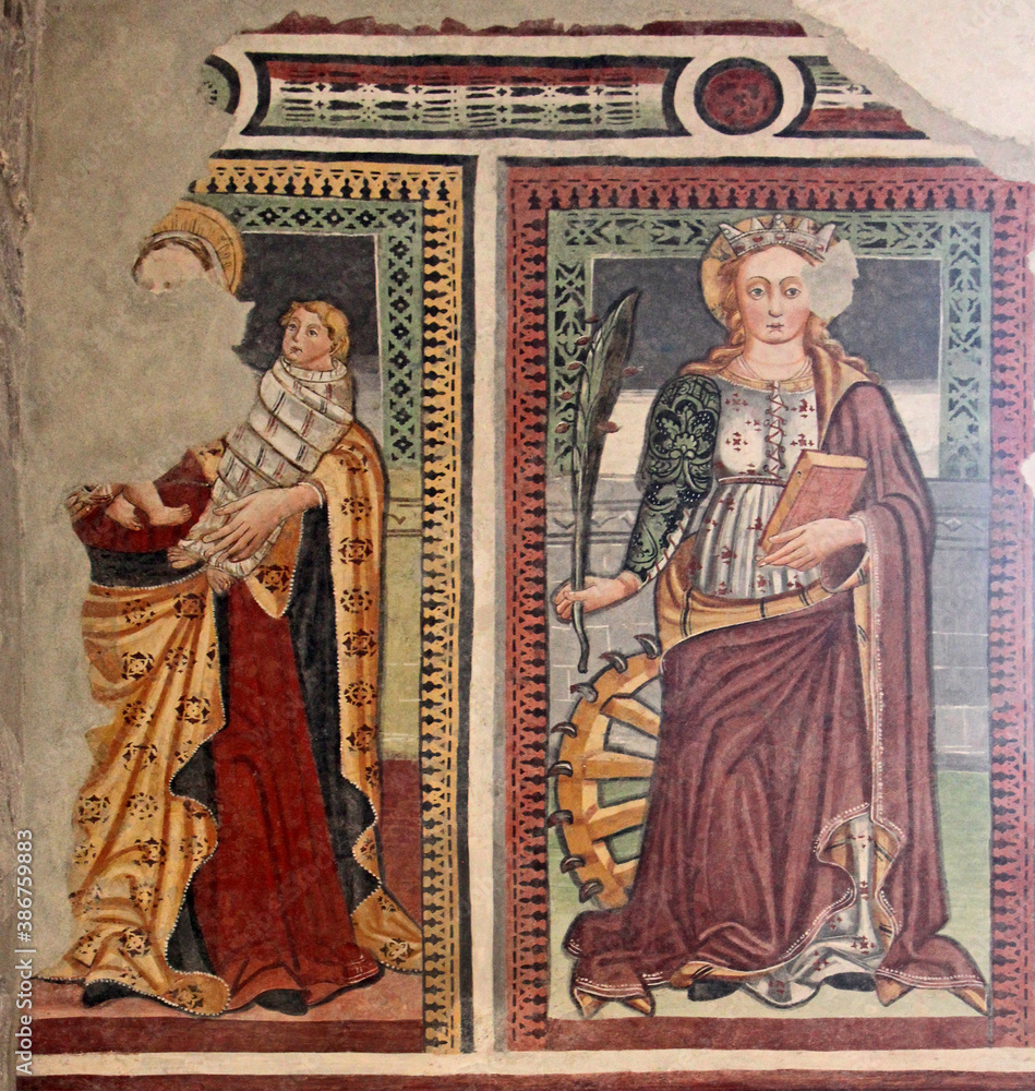 Sant'Anna e Santa Caterina d'Alessandria; affresco nella chiesa della Natività di Maria a Pellizzano (Trentino)